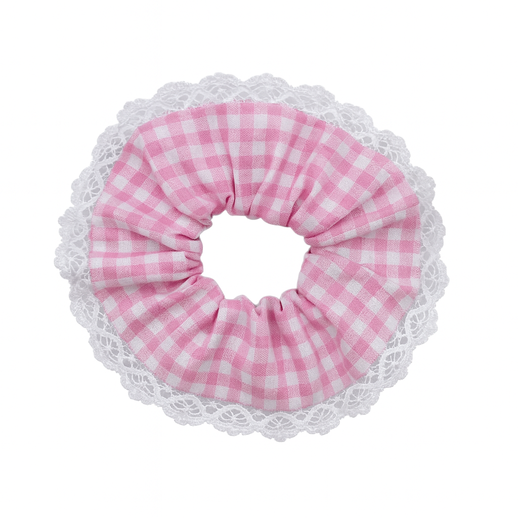 Chouchou vichy rose à dentelle