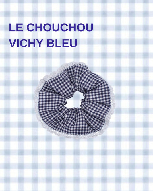 Chouchou vichy bleu à dentelle