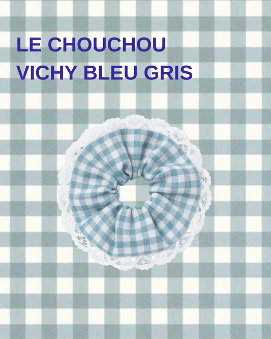 Chouchou vichy bleu ciel à dentelle